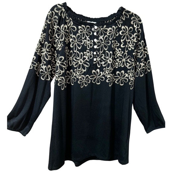 J. Jill Tops - J. Jill Womens Black Embroidered Floral Long Sleeve Button Front Top Small